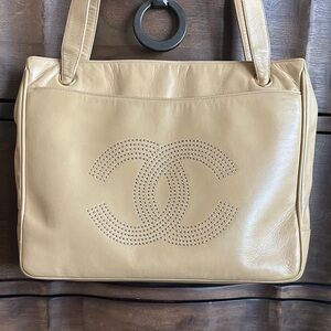 CHANEL Vintage Beige Leather Double C Studded Tote Bag